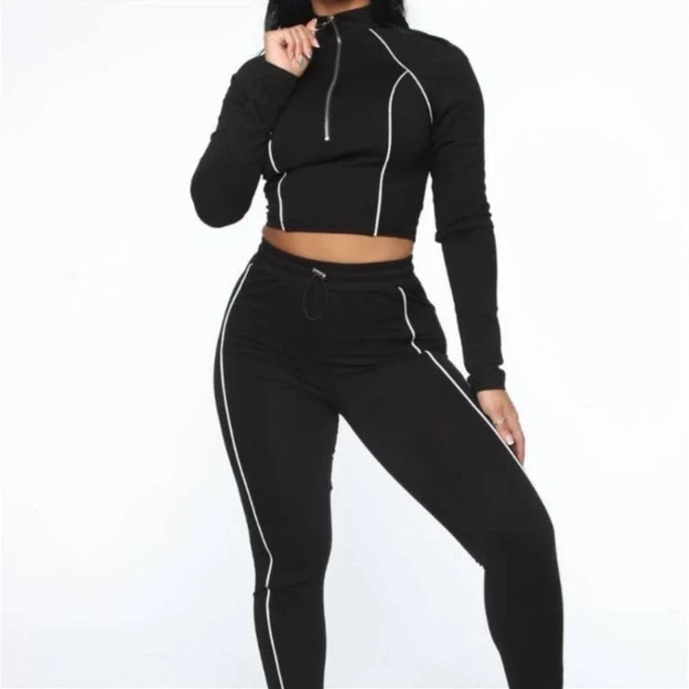 Fashion Nova Black Double White Striped Casual Active High Waisted Leggings - Picture 3 of 15